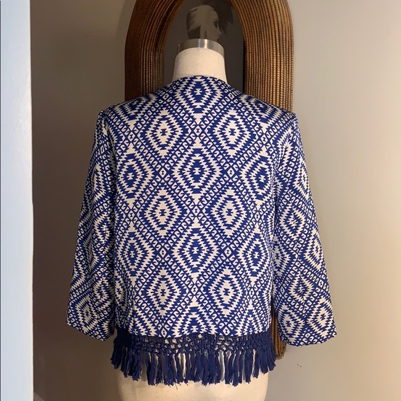 J. McLaughlin Blue White Fringe Trim Blazer - Picture 3 of 6